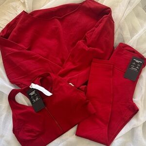 Epic Red Fabletics Set - Sports Bra, Oversized Pullover & Leggings - M/L